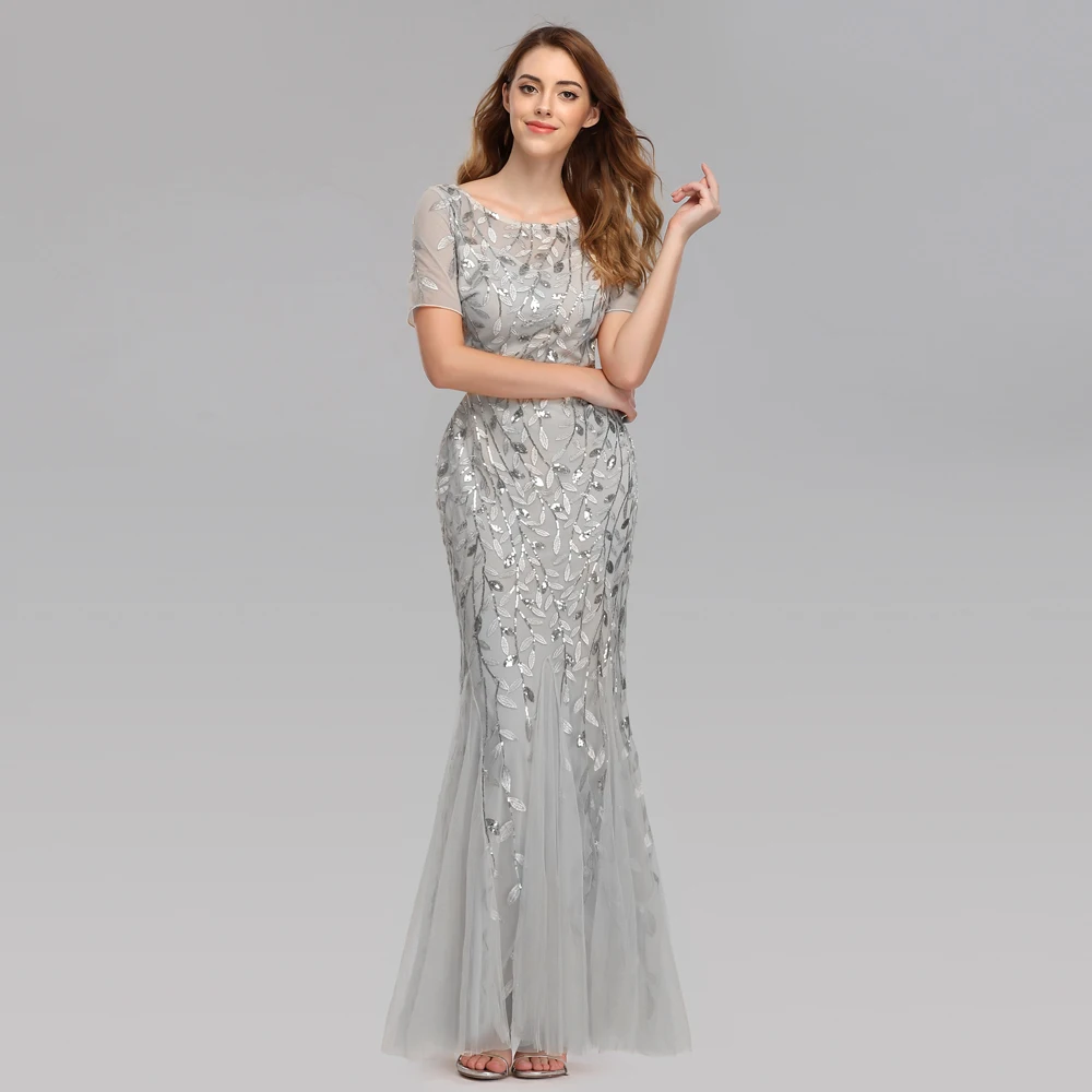 Plus Size Evening Dresses Mermaid O Neck Short Sleeve Lace Appliques Tulle Long Party Gown Robe Soiree Sexy Formal Dress vestido