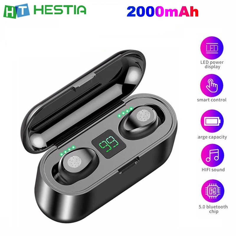 

F9 TWS Fingerprint Smart Touch Earphones Wireless Handsfree Bluetooth Earbuds Noise Isolating 2000mAh Charging Box Fast Shipping
