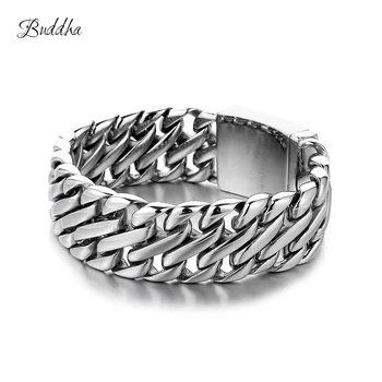 

Double Curb Cuban Chain Bracelet Mens 316L Stainless Steel Wristband Bangle Silver color Tone 23mm Buddha Bracelet with Logo