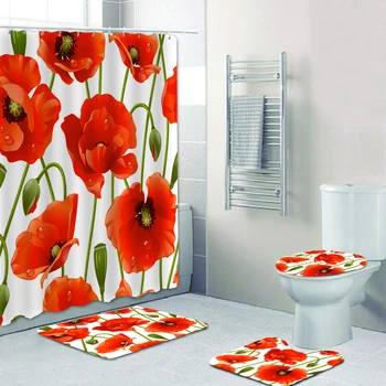 

4Pcs/Set Elegant Flowers Pattern Shower Curtain Mat Set Non Slip Rugs