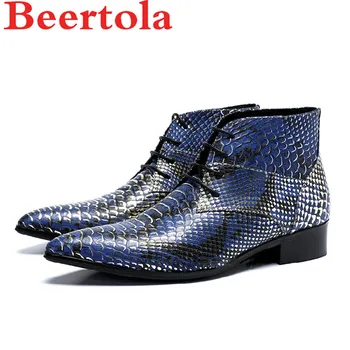 

Men's Ankle Boots Genuine Leather Pointed Toe Lace Up Snakeskin Pattern Red Blue High Quality Shoes Men Autumn Chaussures Homme