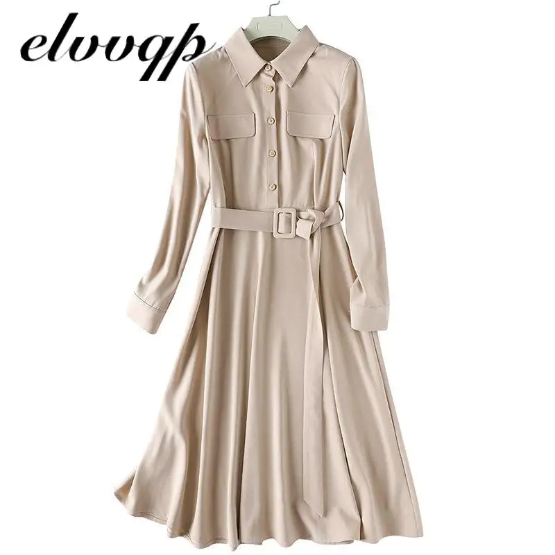 

New Autumn Winter Fashion Shirt Dress Women Casual Elegant Office Work Dress Retro Runway Designer Ol Belt Ladies Dress Female