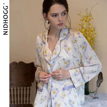 

Women's Pajamas Autumn Long-Sleeved Thin Sleepwear Fresh Floral French Shirt Pants Homewear 2-Piece Set Satin Pijamas Nightwear