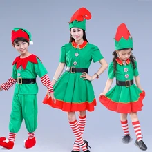 Kids Adults green Elf christmas Costumes Festival Santa Claus for Girls boys New Year baby clothing Fancy Party Dress 70-180cm