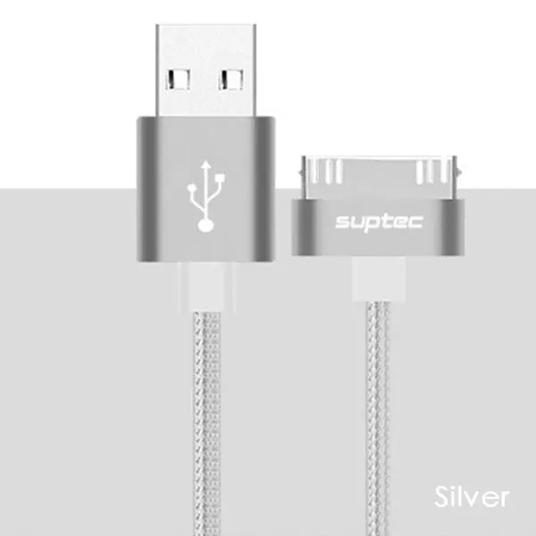 Suptec 30 Pin USB кабель для iPhone 4S 4, металлический штекер, нейлоновая оплетка, кабель для зарядного устройства, 2А, шнур для быстрой зарядки и синхронизации данных для iPad 2 - Цвет: Silver