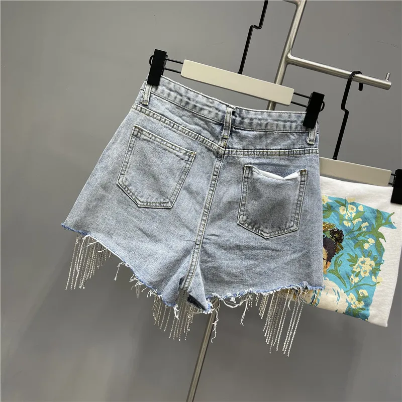 Pantaloncini di jeans da donna a vita alta con strass a vita alta strappati  a vita alta con strass a vita alta - AliExpress Women's Clothing