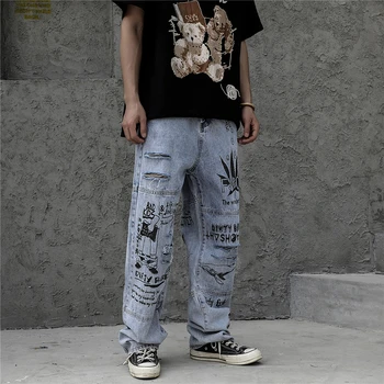

Hole Graffiti Straight Frayed Jeans Pants Men and Women Pockets Loose Casual Denim Trousers Harajuku Plus Size Streetwear Pants