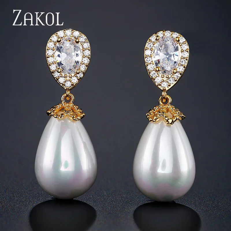Модные женские серьги ZAKOL из розового золота с искусственным жемчугом и фианитом