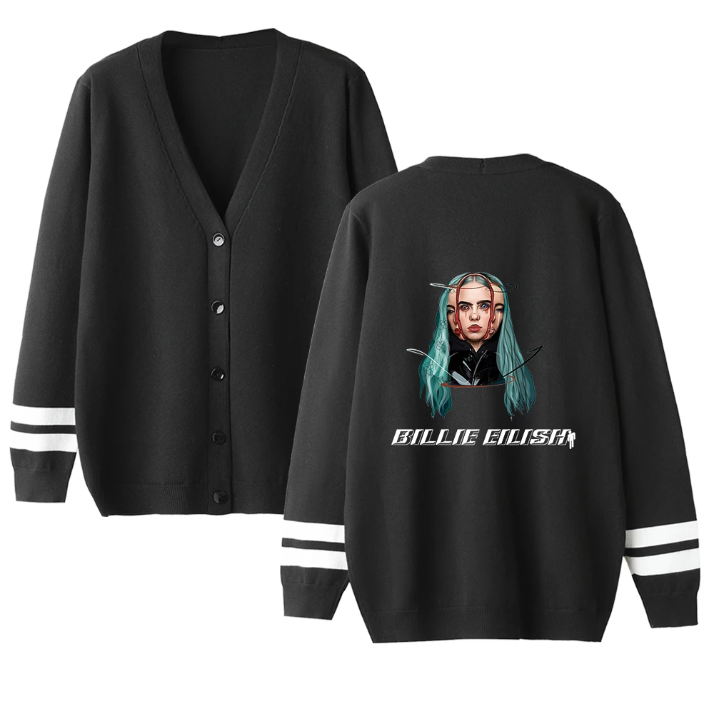 Billie Eilish Harajuku женские Свитера Осень Зима Кардиган Повседневный v-образный вырез однобортный с пышными рукавами Свободная одежда