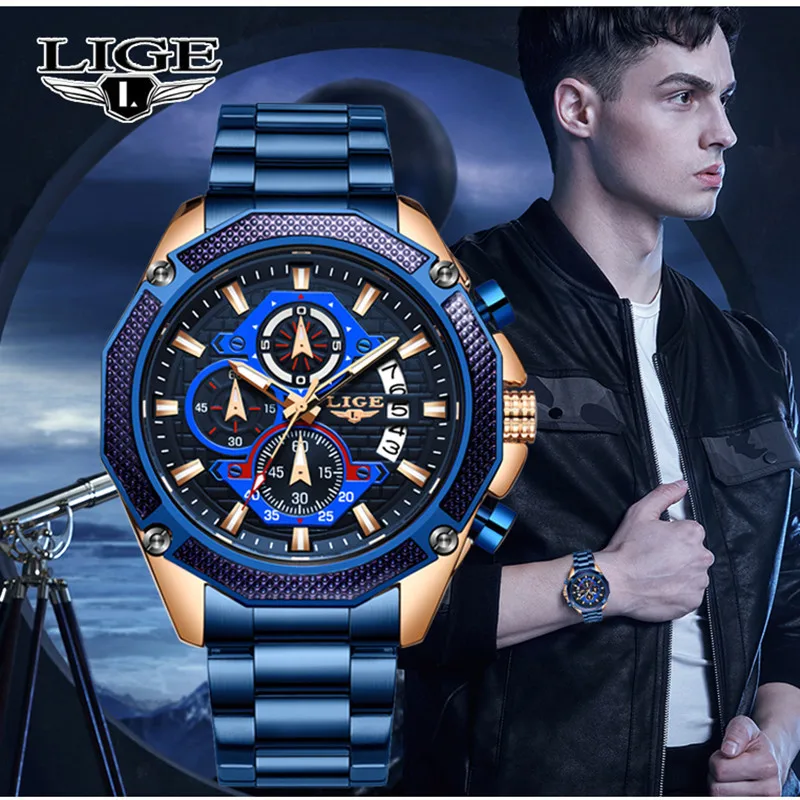 

LIGE New Fashion Blue Mens Watches with Stainless Steel Top Brand Luxury Sports Chronograph Quartz Watch Men Relogio Masculino