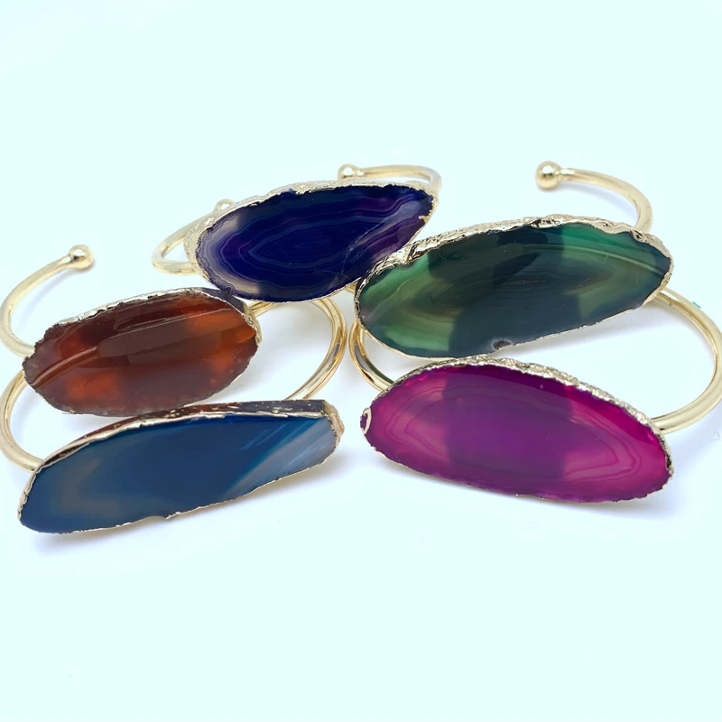 

58-60mm Natural Agates Freeform Slab Beads Open Cuff Bangle Fashion Women Onyx Stone Gold Bracelet Jewelry