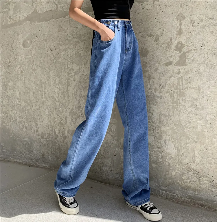 HziriP Autumn Straight High Street Blue Plus Size New High Waist Loose Thin Jeans Full-Length Denim Wide Leg Trousers