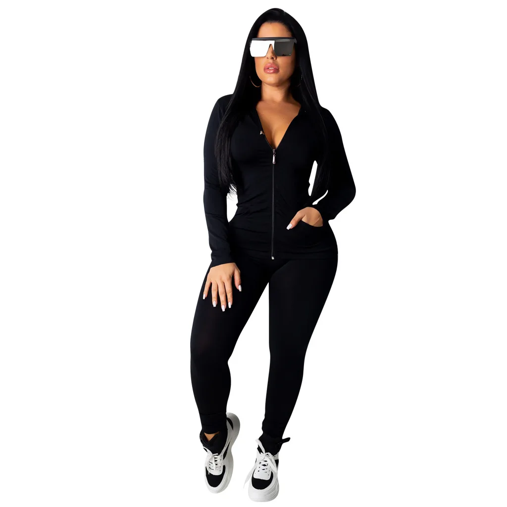 autumn Women Solid zipper up long sleeve hooded top pencil pants suit two piece set casual sporting tracksuit outfit GL6303