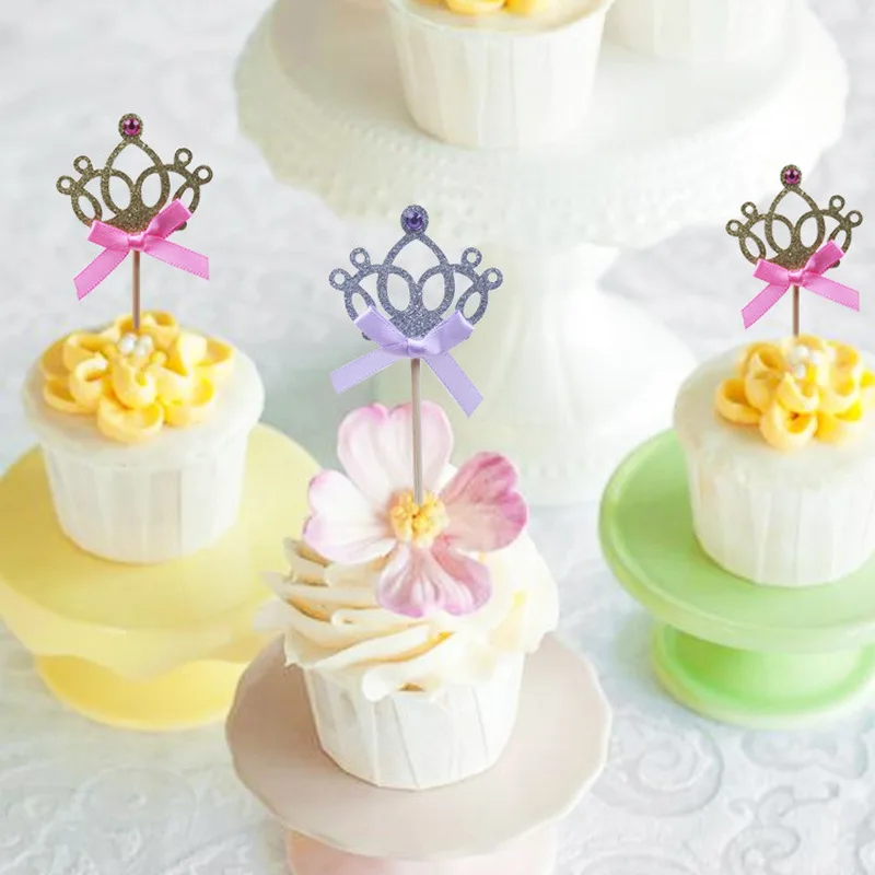 10pcs/lot Crown Cake Toppers Birthday Decoration Kids Baby Boy Girl Party Decoration Gold/Silver Cupcake Toppers Princess