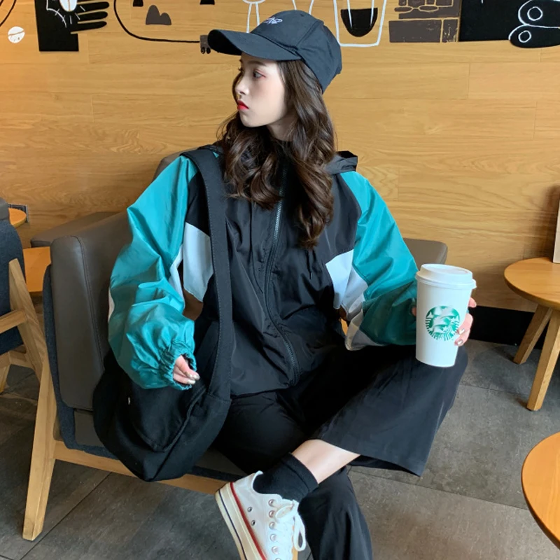 

Spliced Color Plus Size Jacket With Hooded Loose Harajuku Sunscreen Coat Women Hip Hop Windbreaker Thin Spring Summer