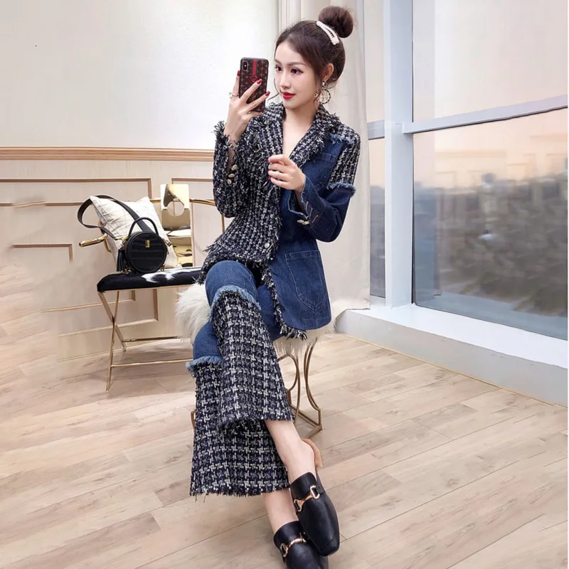 

Fashion Tide Suit Set Suit Women New Autumn Jeans Trousers Fashion Foreign Wide Leg Pants + Shirt Two-piece PB973