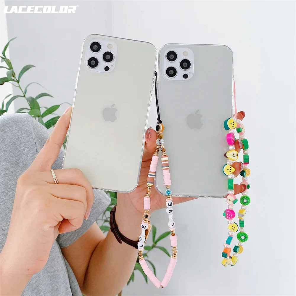 Colored Chain Beads Pendant Hand Strap Hang Case For iPhone 13 11 12 Pro X XR XS Max 7 8 Plus SE2 Mini Lanyard Charm Clear Cover iphone 13 pro max leather case