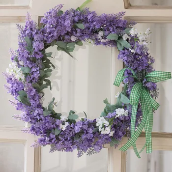 

2020 Artificial Lavender Flower Wreath Rattan Garland With Bow-Knot Front Door Window Wall Hanging Pendant For Wedding Party