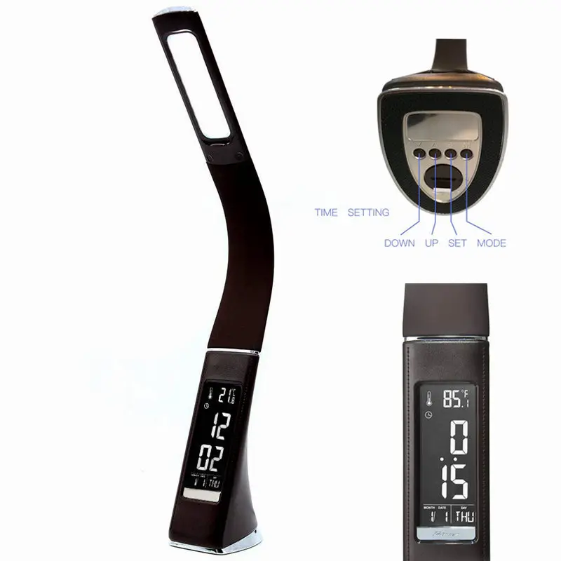 Skup Lampa LED na biurko Touch skóra jak ściemnianie lampka biurkowa do czytania światło z budzikiem kalendarz wyświetlacz LCD