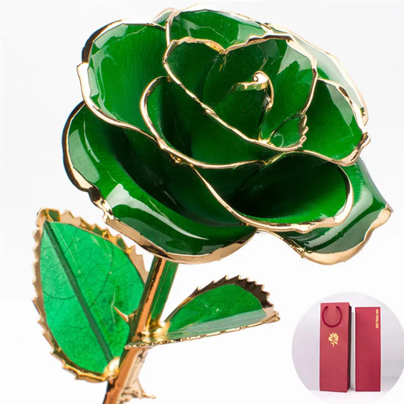 Green Valentine's Day Gift 24K Gold Plated Golden Rose Flower Holiday Present Wedding Party Decoration With Retail Box - Color: Green