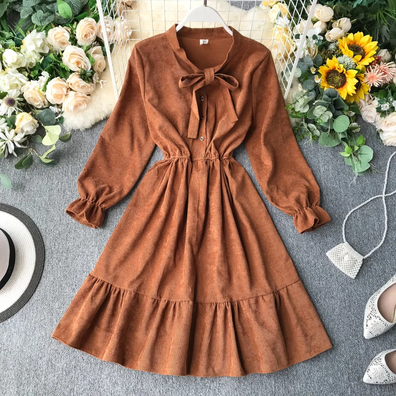 Хаки ALPHALMODA французское платье осеннее платье принцессы осень бабочка галстук воротник с длинными рукавами трапециевидной формы милая Толстая юбка - Цвет: Хаки