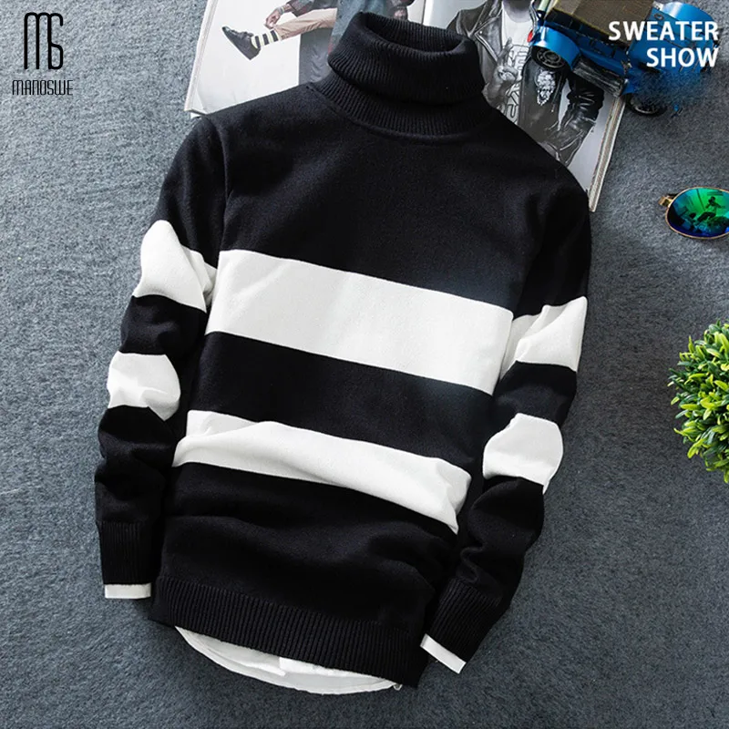 Manoswe осень зима мужская Мода водолазка пуловеры свитер вязаный длинный рукав в полоску Повседневная Молодежная тонкая мягкая мужская одежда - Цвет: black