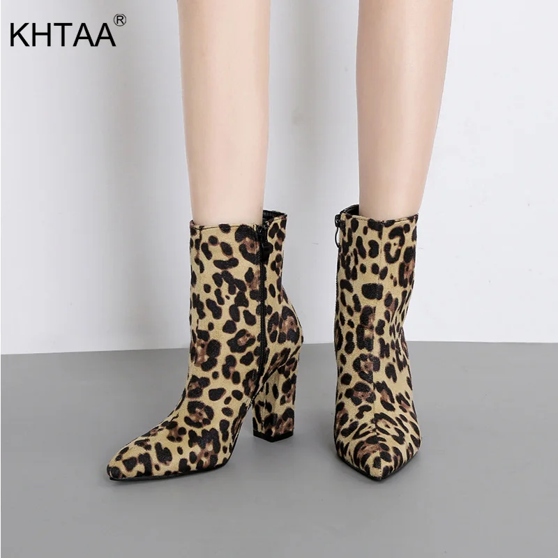 

KHTAA 2019 Womens New Autumn Mid Calf Boots Leopard Female Pointed Toe Side Zipper Fashion Sexy Square High Heels Ladies Shoes
