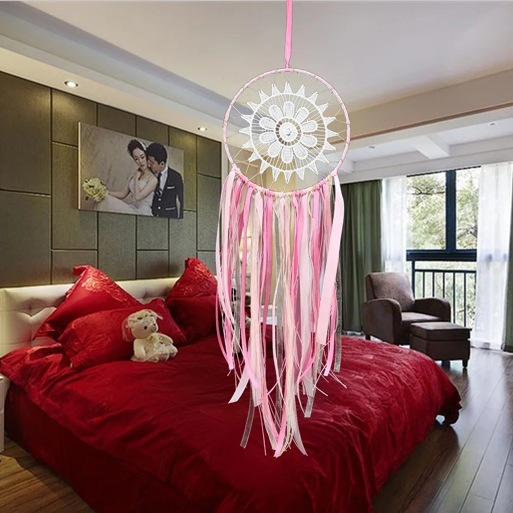 

MS6995 New Style Pink Webbing Single Ring Dreamcatcher Lace Creative Home Door Decoration Office Pendant