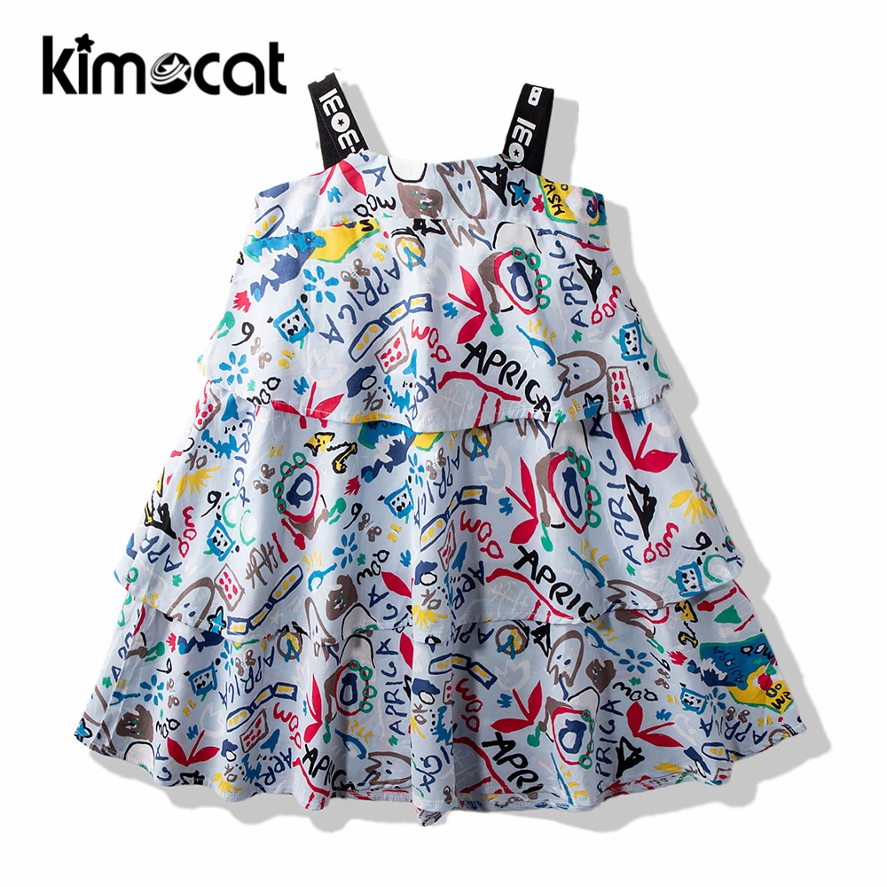 Летнее Хлопковое платье с цветочным принтом для девочек Kimocat подтяжками граффити