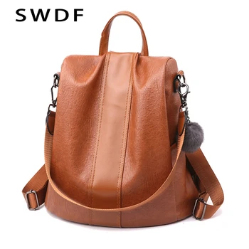 

SWDF Quality Leather Anti-thief Women Backpack Large Capacity Hair Ball School Bag for Teenager girls Male Travel Bags