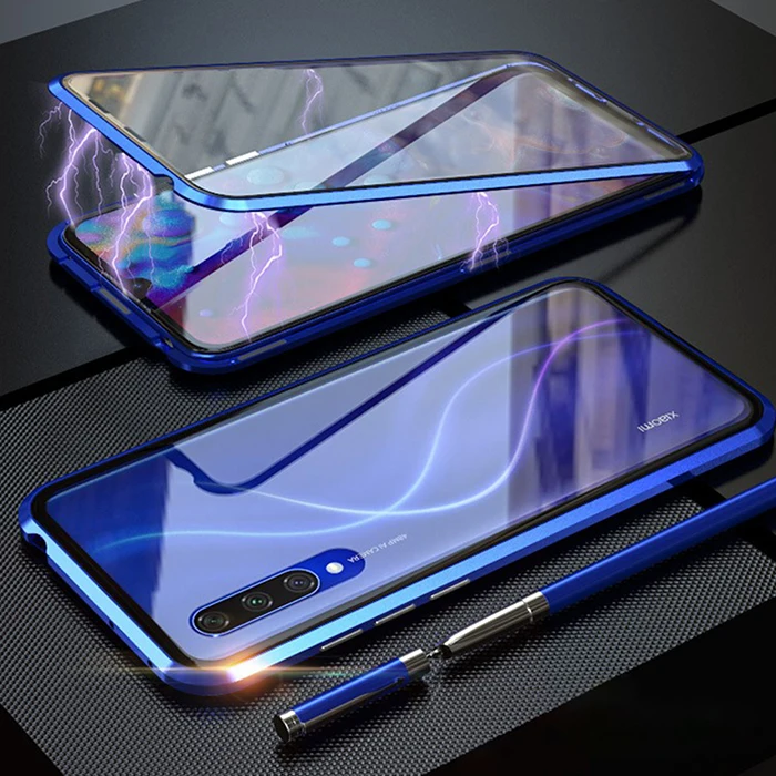 Магнитный стеклянный чехол для Xiaomi Mi 9 lite, двусторонний чехол из закаленного стекла, металлический чехол с магнитной адсорбцией для телефона для Xiaomi Mi cc9 - Цвет: Синий