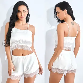 

Women Summer Faux Silk White Pajamas Set Spaghetti Strap Cami Crop Top Wide Leg Shorts Sleepwear Sexy Eyelash Lace Trim Lingerie