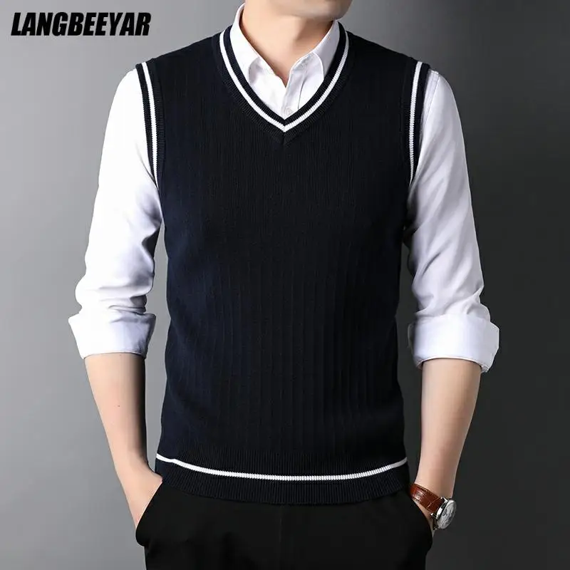 Men Sweater Vests Mens Knitted Vest Top Quality Autum Winter Fashion Slim Fit Knit V Neck Sweater Vest Men Trendy Woolen Sleeveless Casual