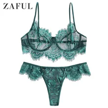 ZAFUL Lace Underwire Sheer Hollow Out Lingerie Set For Women Full Cup Back Closure Adjusted-Straps Female Sexy Set