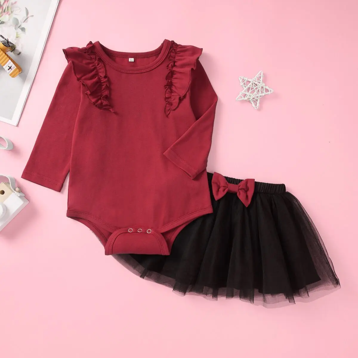 CANIS/весенне-осенний комбинезон с длинными рукавами для новорожденных девочек, боди, фатиновая юбка-пачка с бантом, комплекты одежды - Цвет: Красный
