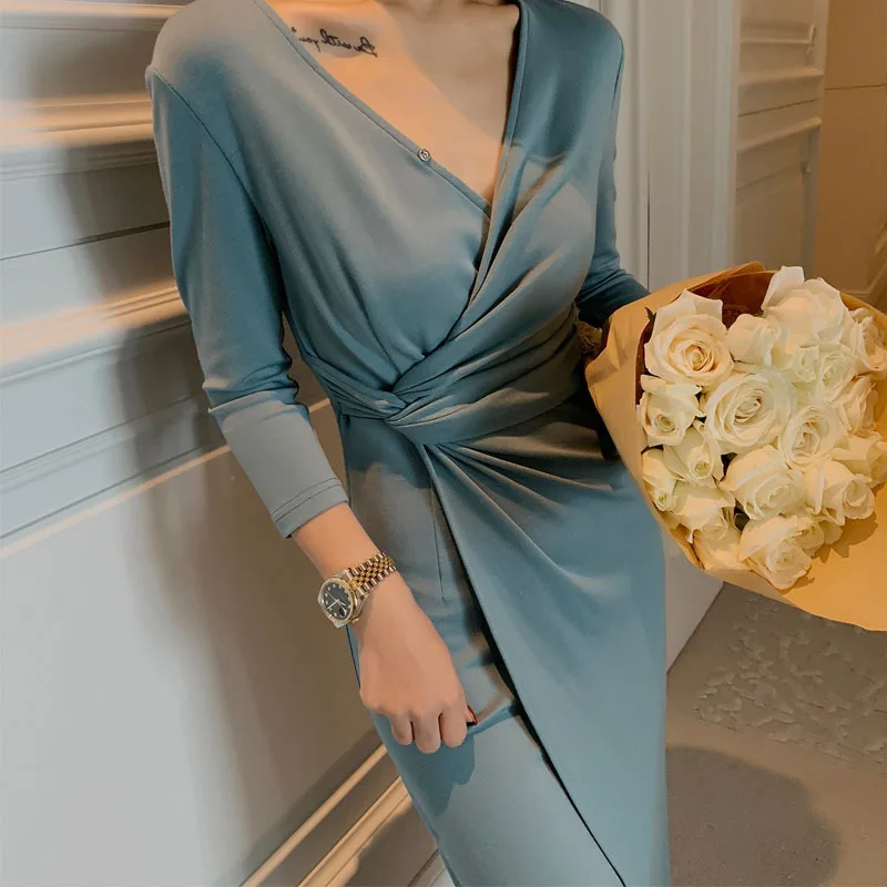Ugost женское элегантное длинное платье с длинным рукавом с v-образным вырезом на молнии крест Империя Сторона Сплит офисное женское осеннее весеннее черное синее платье