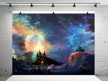 

VinylBDS Halloween Backdrops for Photography Moon Castle Seamless Backgrounds Night Sky Photographic Background Colourful