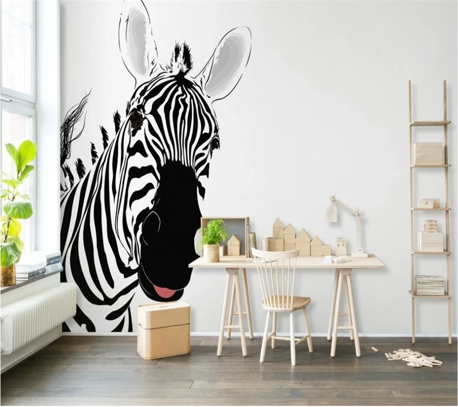 xuesu Customized 8d wallpaper 3d photo wall cute black and white striped zebra Nordic animal TV background wall customized 3d wallpaper 8d mural nordic plant leaf feather modern simple wooden board wood grain tv background wall