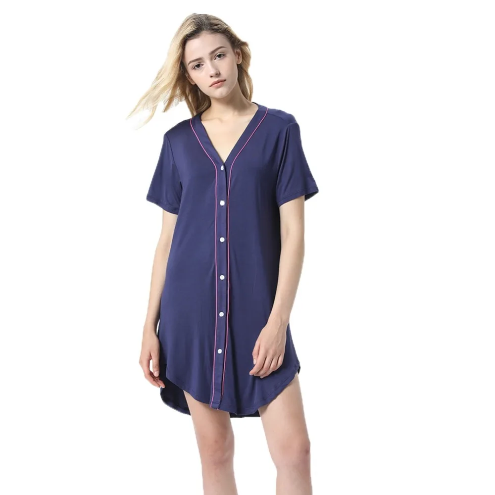 Women Modal Short-Sleeved V-Neck Long Section Home Service Single-Row Button Ladies Nightdress New Vcqy