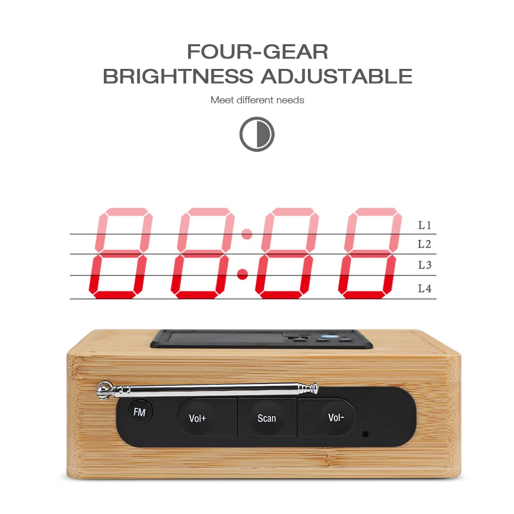 Светодиодный бамбуковый цифровой fm-радио будильник 12 h/24 h Регулируемый свет для дома спальни офиса Настольные часы таймер USB кабель будильник часы
