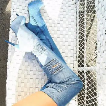 

Newest Denim Over The Knee Boots Round Toe Side Zipper Tight High Boots Hole Jeans Winter Long Boot High Platform Shoe
