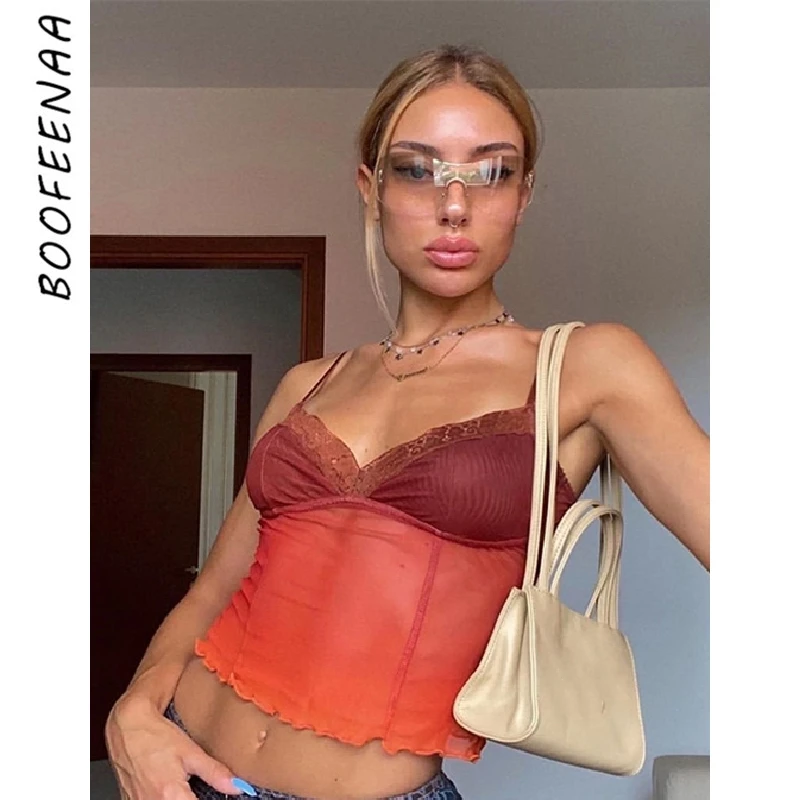 BOOFEENAA оранжевая прозрачная сетчатая кофта сексуальные укороченные топы для