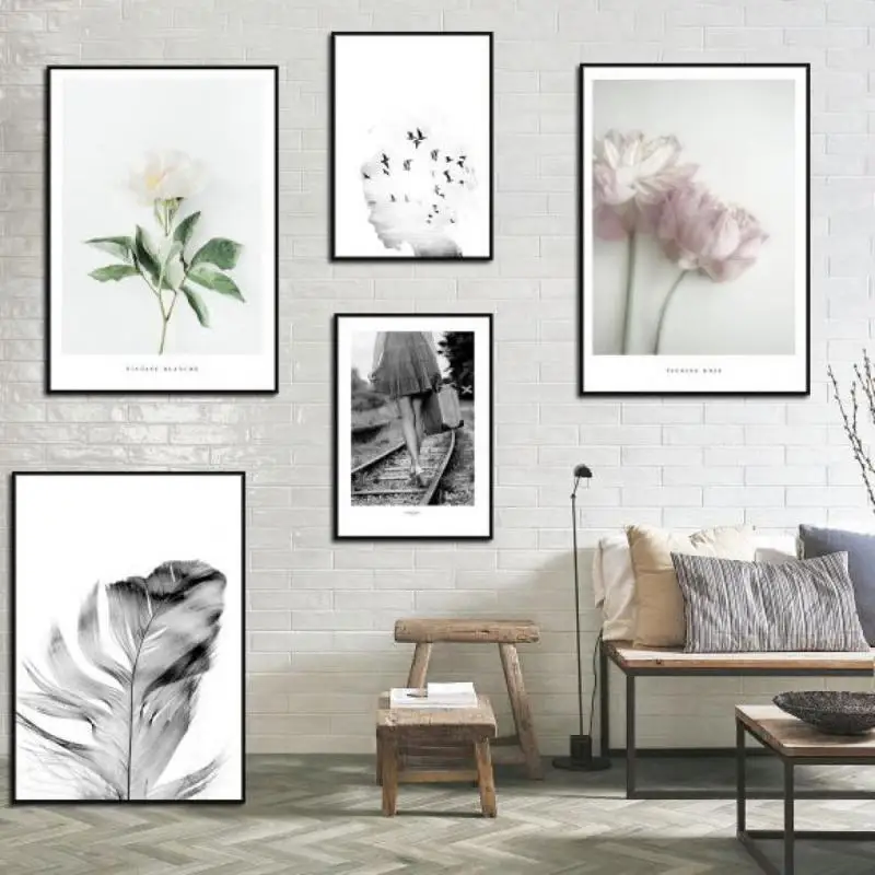 Girl Bird Feather Landscape Wall Art Flower Quotes Canvas Painting Nordic Posters And Prints Pictures For Living Room Decor | Дом и сад