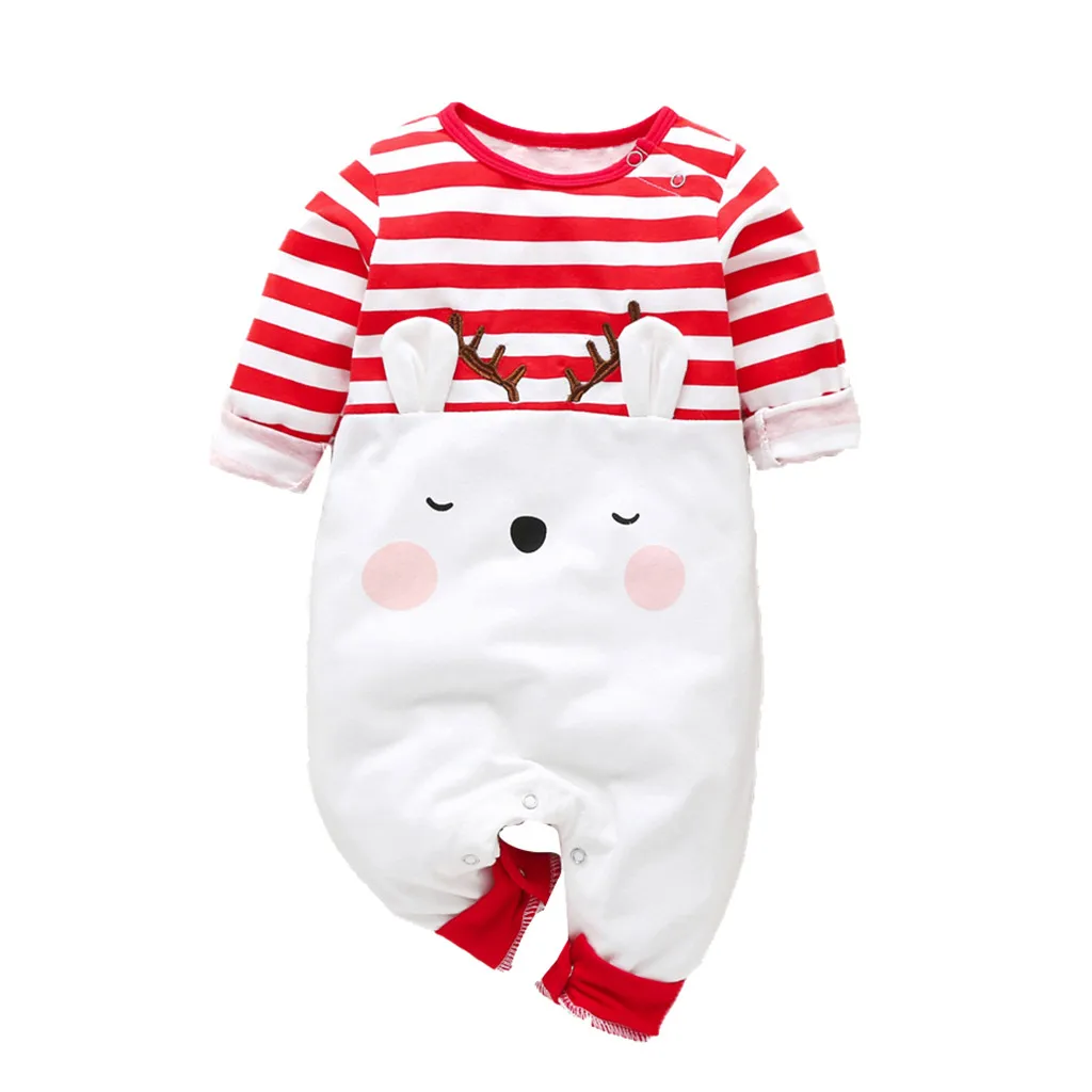 Рождественская одежда, осенне-зимний комбинезон в полоску с длинными рукавами и рисунком оленя для маленьких мальчиков и девочек, одежда для новорожденных