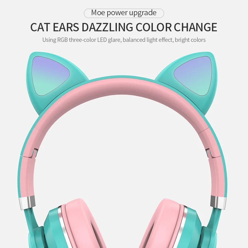 Cute Cat LED Bluetooth Wiredless Headphone with Microphone Foldable Kids Cartoon Earphone Girl Music Helmet Phone Tablet Headset