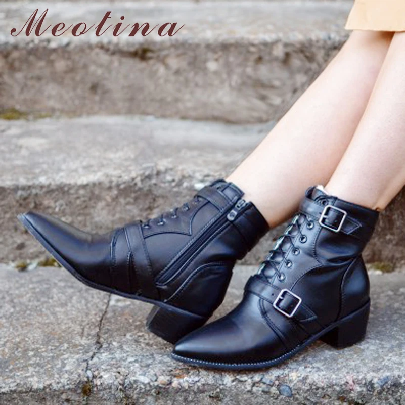 1419.99руб. 53% СКИДКА|Meotina/ботинки в байкерском стиле; женские ботинки из искусственной кожи; зимние Ботильоны на каблуке шпильке с заклепками; полусапожки с пряжкой; Черная Женская обувь на меху на молнии-in Полусапожки from Обувь on AliExpress - 11.11_Double 11_Singles' Day