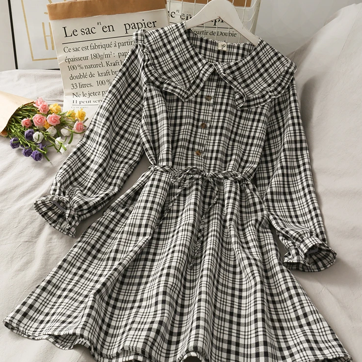 Dresses Women Preppy Style Japan Students Long Sleeve Button Plaid Vintage Retro Sweet Trendy Chic Peter Pan Collar Girls Female homecoming dresses 2021