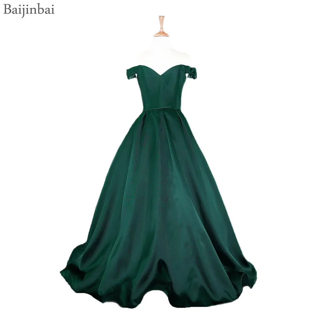 

Baijinbai Emerald Off Shoulder Ball Gown Prom Dresses Elegant Pageant robe de soiree Satin Full Length Evening Dress Back Corset