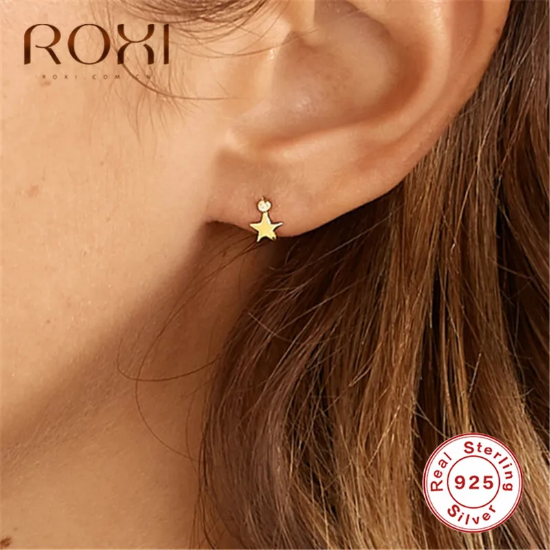 ROXI 925 пробы серебряные серьги Простые Модные ювелирные изделия ослепительные CZ звезды маленькие серьги-гвоздики для женщин золотые серьги корейский подарок