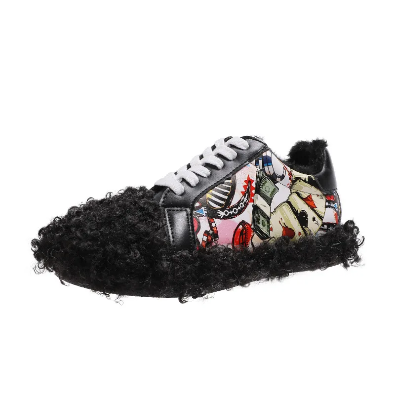 New Fashion Plush and Velvet Flat Bottom Graffiti Shoes Female Wear Thick Warm Casual Winter Womens Sneakers W20-57